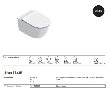 Wc sospeso 55x35 Sfera 55 Catalano bianco lucido UP-FIX -4