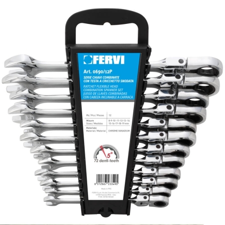 FERVI Serie 12 Chiavi Combinate a Cricchetto Snodato 8-19mm
