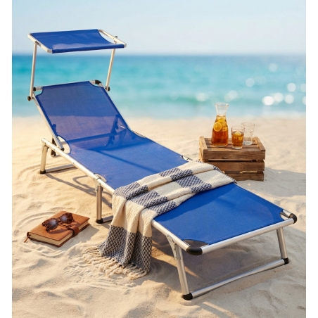 Brandina da spiaggia super con tettuccio in alluminio e tessuto textilene blu 187x60x30 cm