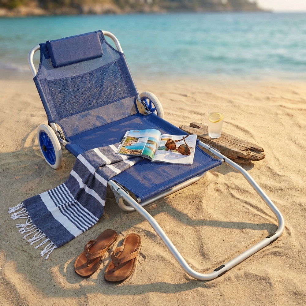 Spiaggina carrello pieghevole in metallo con tessuto textilene blu 145x52x62 cm