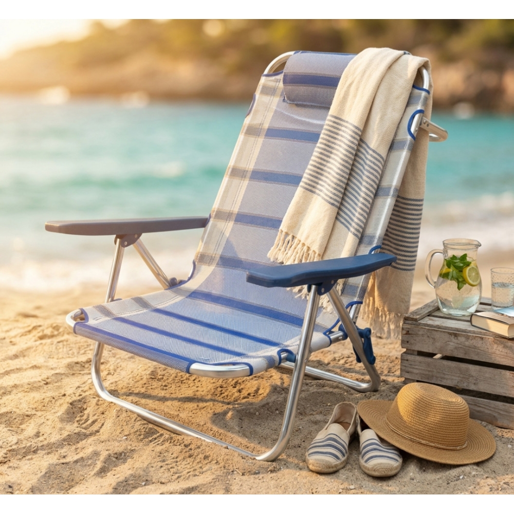Spiaggina regolabile con braccioli in alluminio con tessuto textilene blu 65x67x83 cmEDENYA